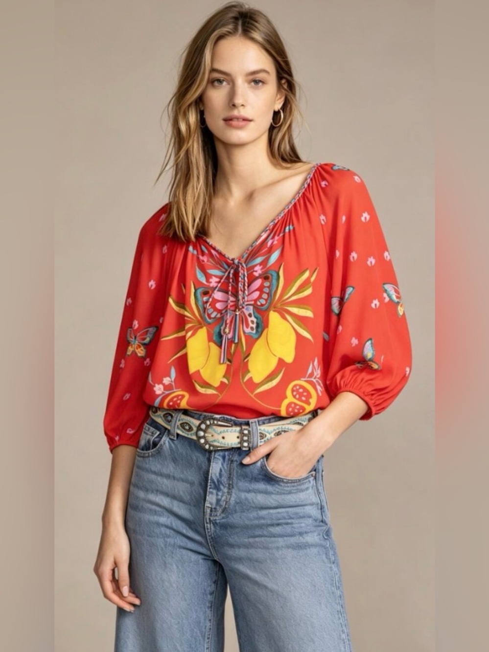 NWT JOHNNY WAS Jade Monaco Peasant Floral Red Silk Blend SHIRT Blouse Sz S